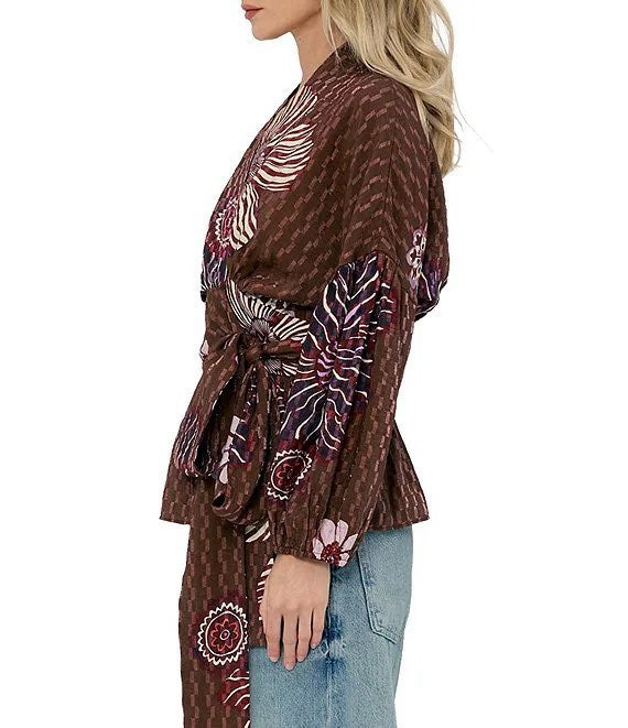 Opal Textured Floral Wrap Blouse-Brown Multi