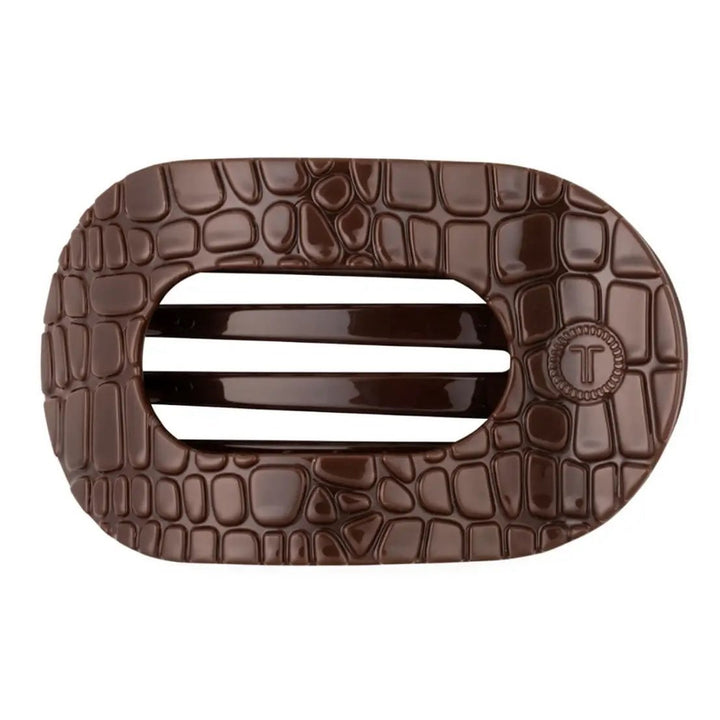 SMALL FLAT ROUND HAIR CLIP-BROWN CROCODILE