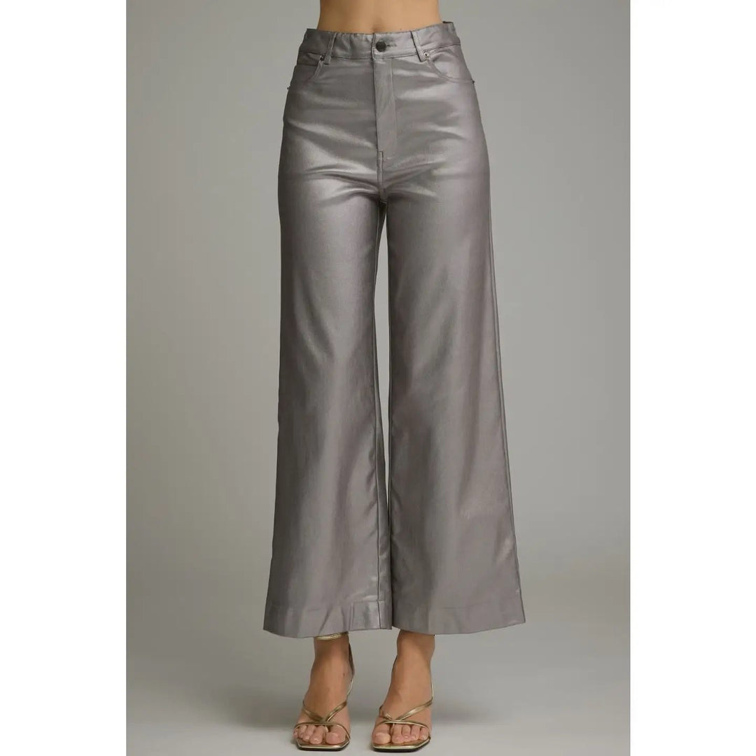 SOLID METALLIC WIDE LEG PANTS-METALLIC GREY
