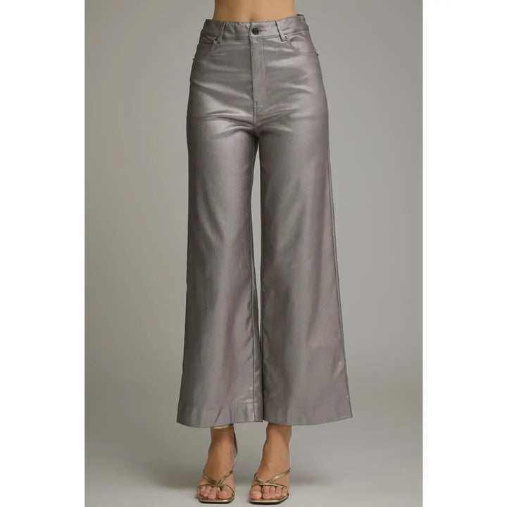 SOLID METALLIC WIDE LEG PANTS-METALLIC GREY