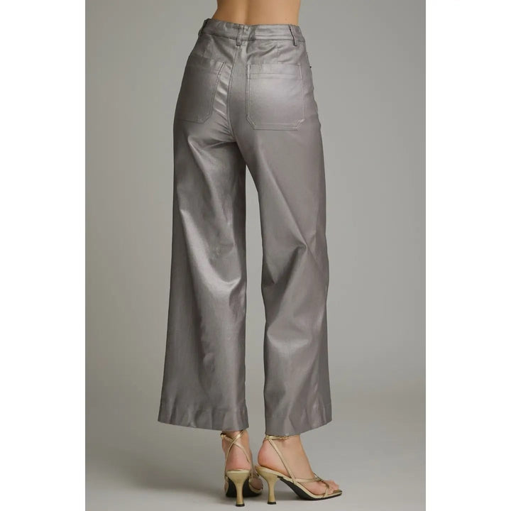 SOLID METALLIC WIDE LEG PANTS-METALLIC GREY