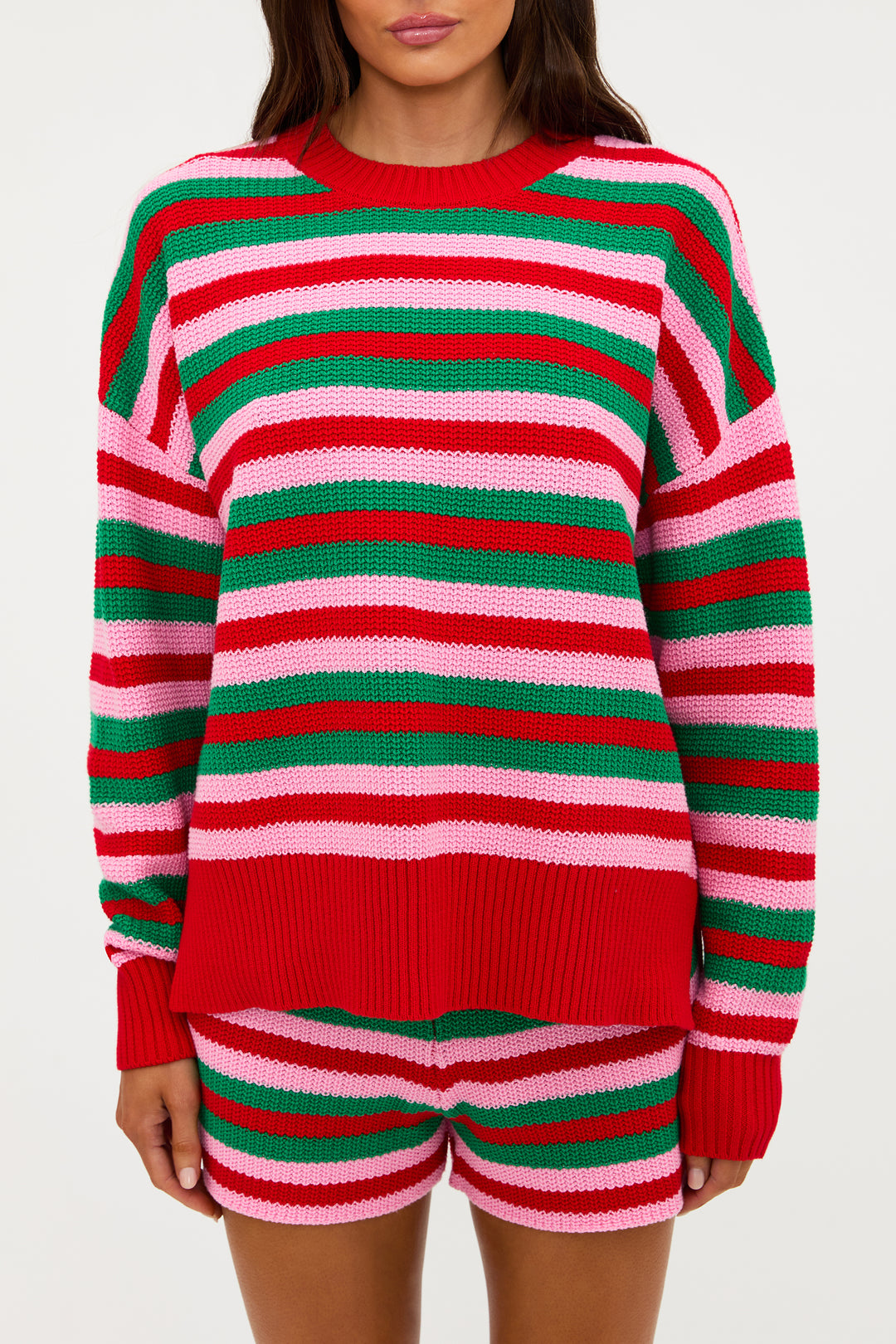 striped red green pink long sleeved knit sweater