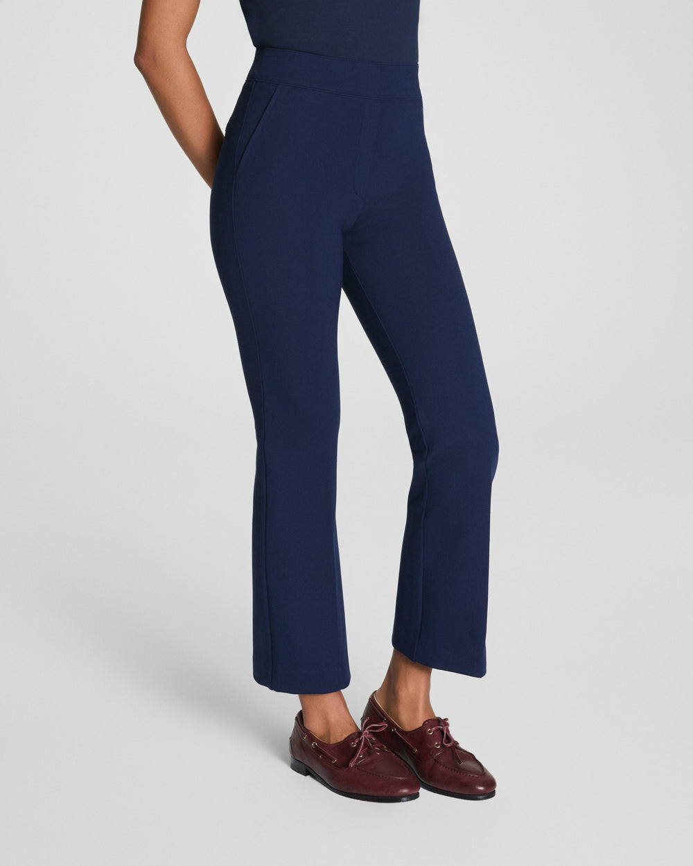 navy pull on pant with kick flare