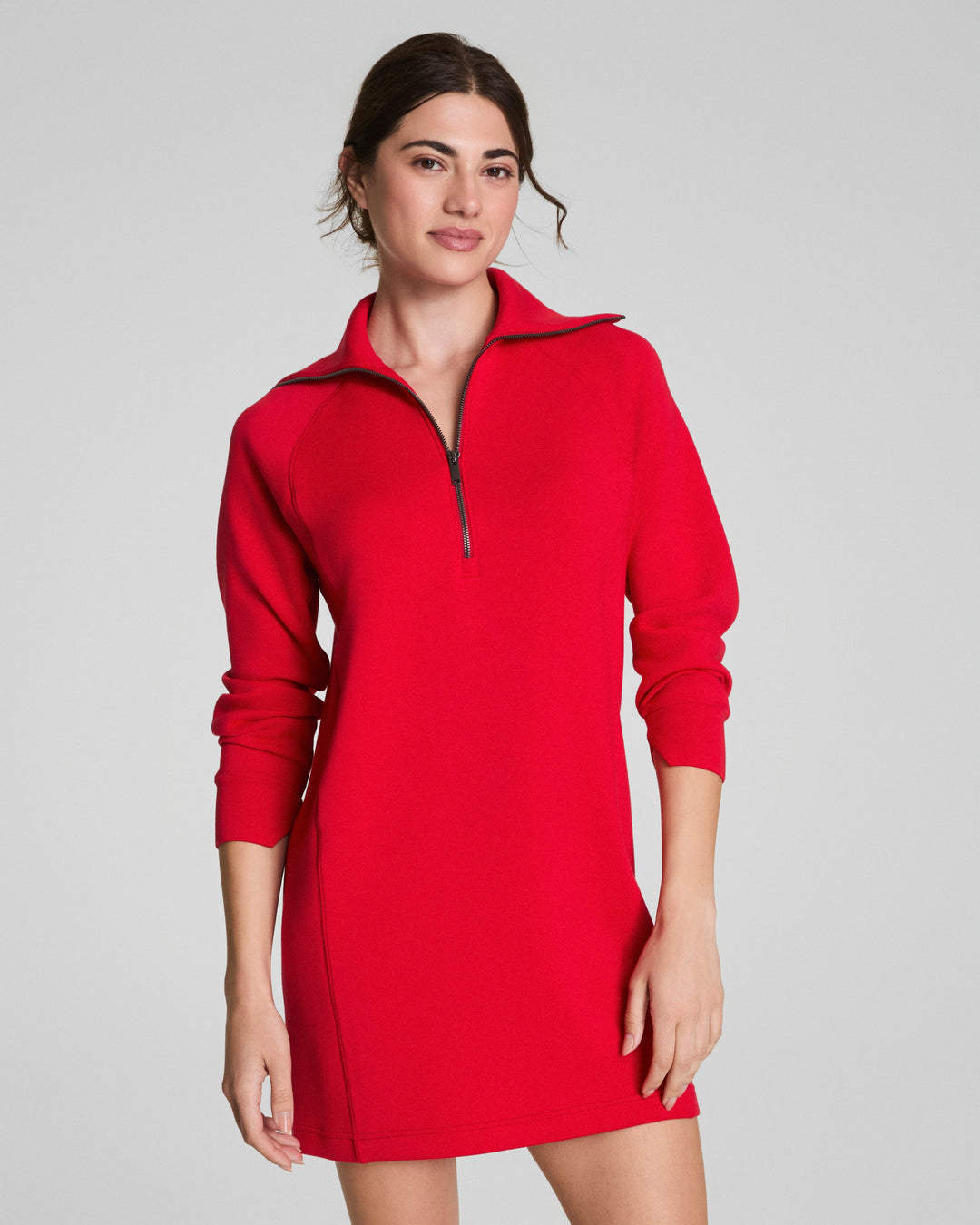 red athleisure mini dress with half zip closure front