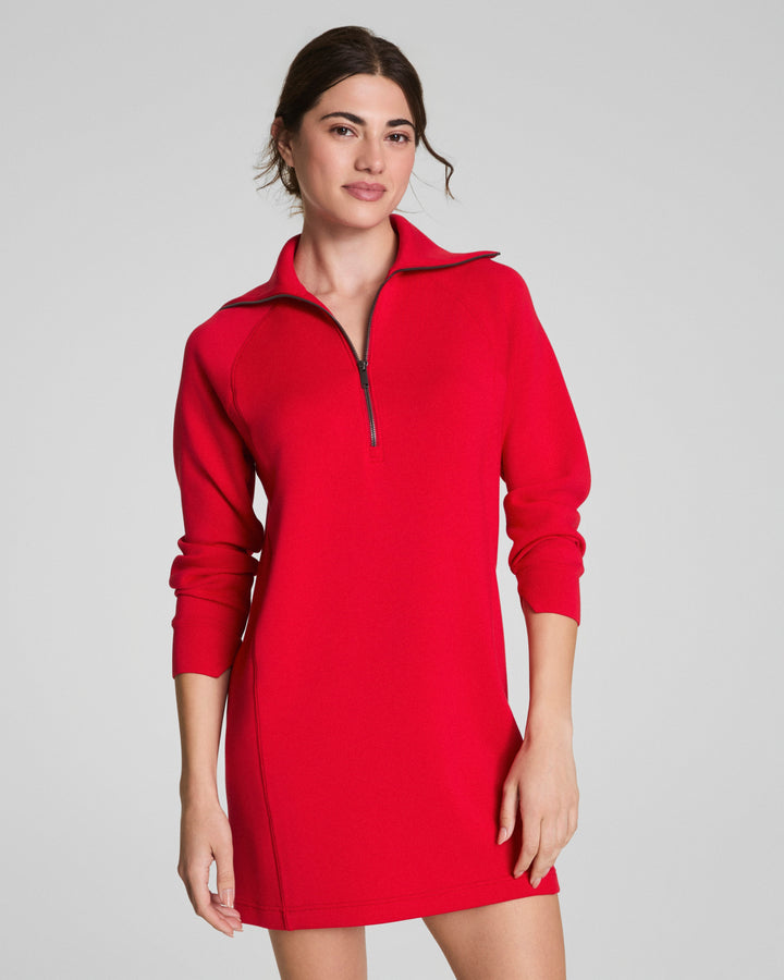 red athleisure mini dress with half zip closure front