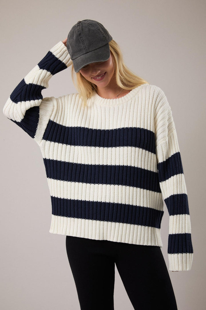 STRIPED LONG SLEEVE SWEATER-CREAM/NAVY