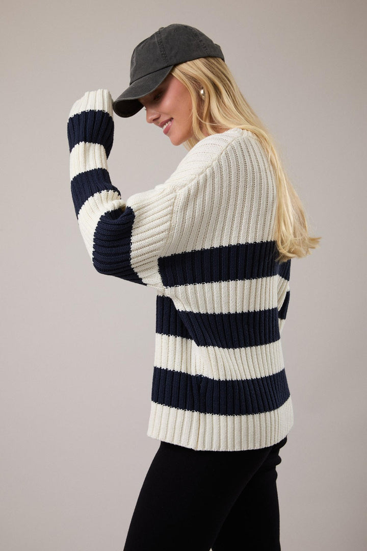 STRIPED LONG SLEEVE SWEATER-CREAM/NAVY