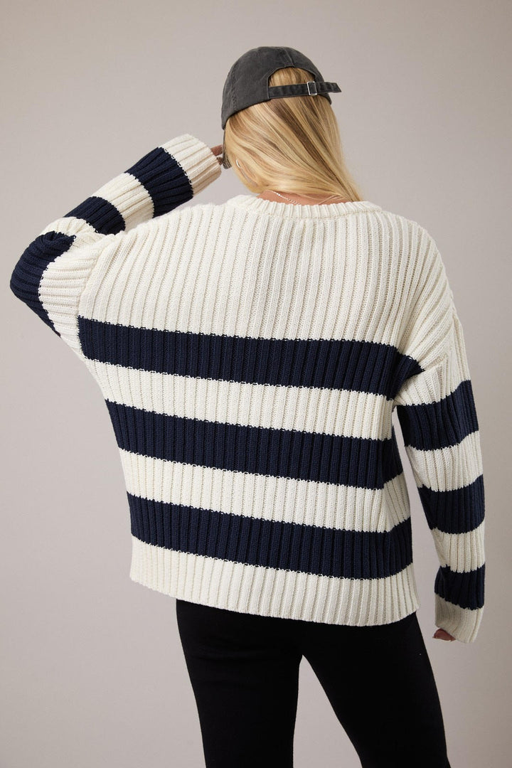 STRIPED LONG SLEEVE SWEATER-CREAM/NAVY