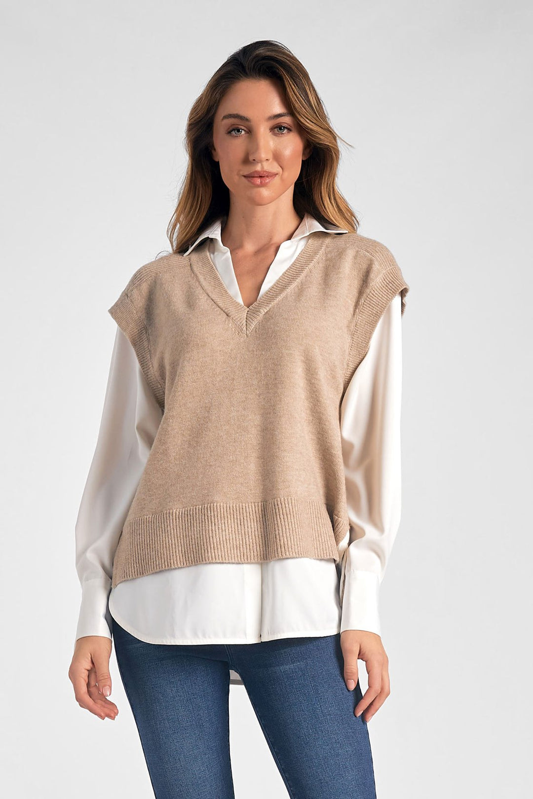 COLLARED BLOUSE SWEATER- WHITE/TAUPE