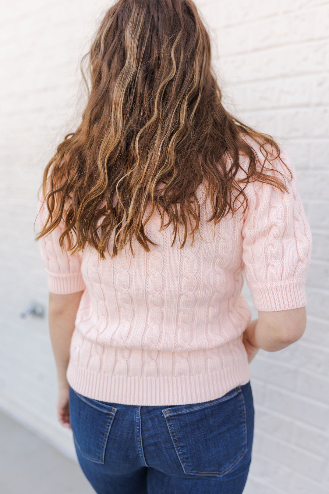 CABLE KNIT PUFF SLEEVE TOP - PINK