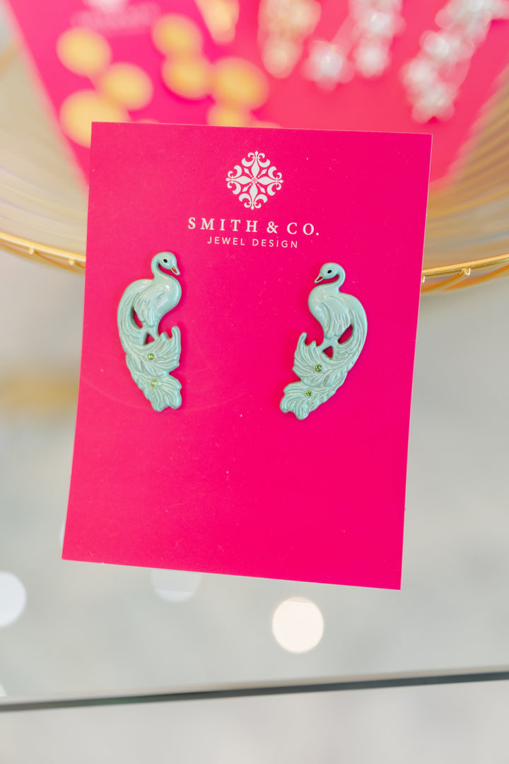 PERCHED PEACOCK EARRINGS- WASHED TEAL