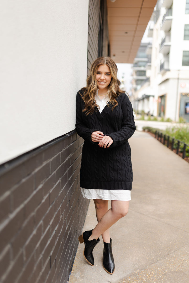 MIXED MEDIA CABLE KNIT SWEATER DRESS - BLACK