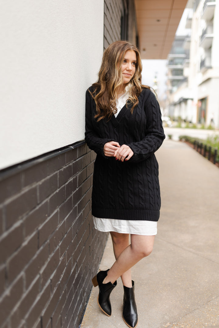 MIXED MEDIA CABLE KNIT SWEATER DRESS - BLACK