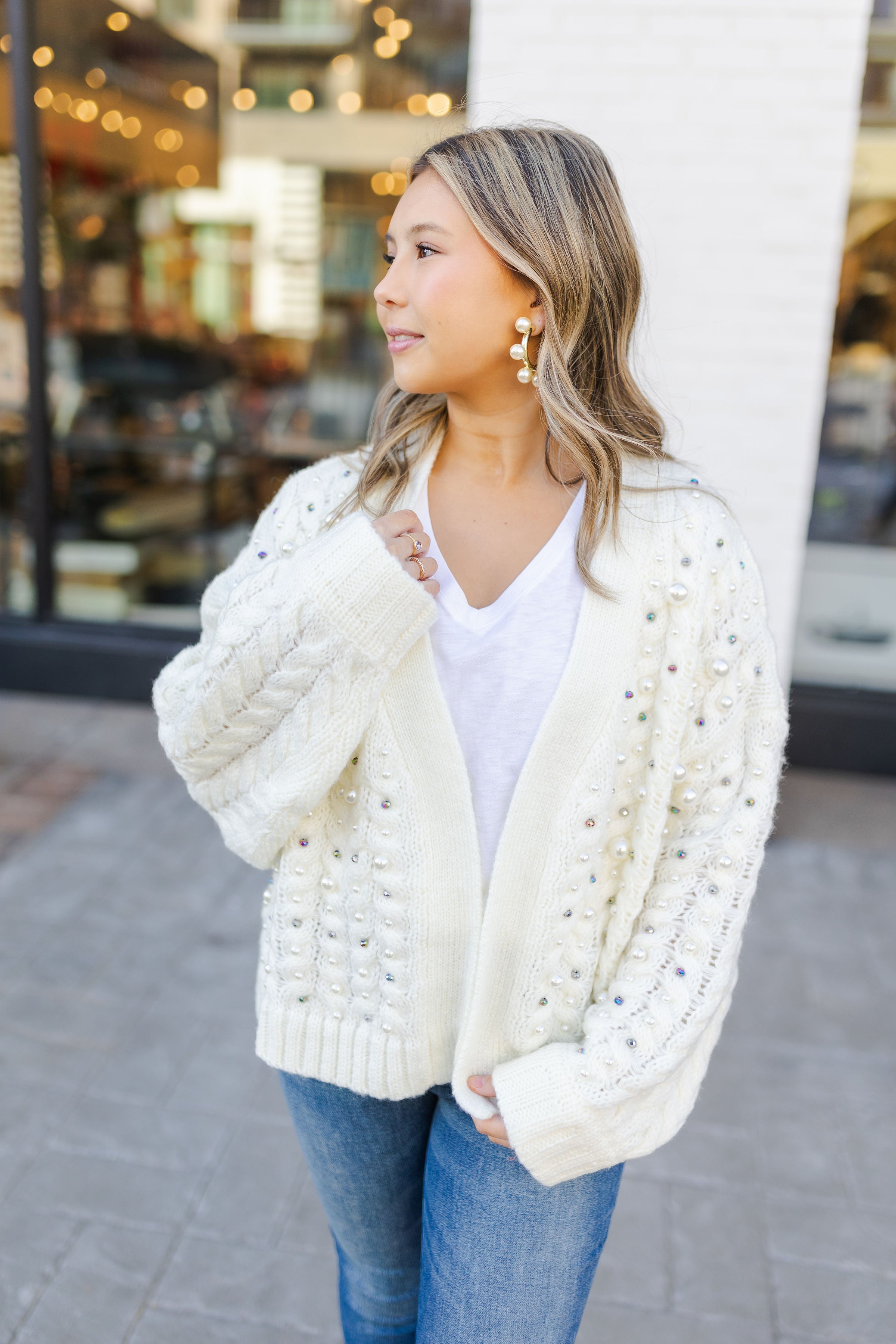 MERINA PEARL TRIMMED CARDIGAN - CREAM