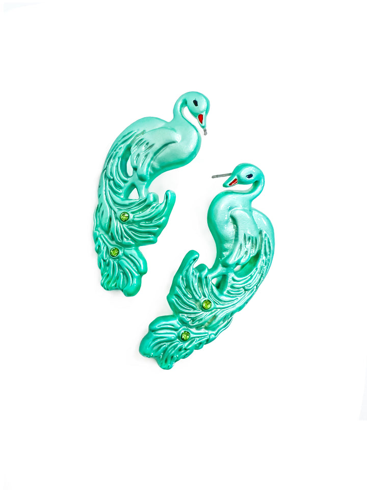 PERCHED PEACOCK EARRINGS- WASHED TEAL